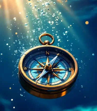 Illustration d'une jolie boussole doré dans l'eau avec des bulles au dessus pour représentant le don de medium de Stady et la recherche de personnes disparus